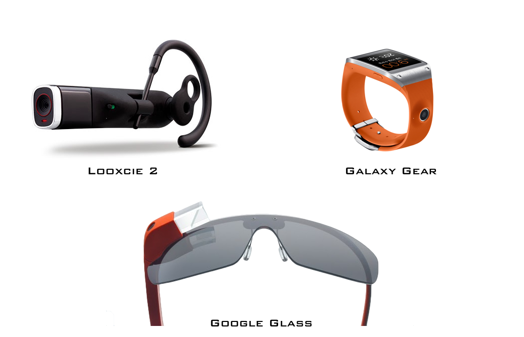 웨어러블 핸즈프리 카메라 기능의 예. 왼쪽 위부터, 룩시 2(사진 출처: 룩시), 삼성 갤럭시 기어(사진 출처: 삼성), 구글 글래스(사진 출처: 구글)